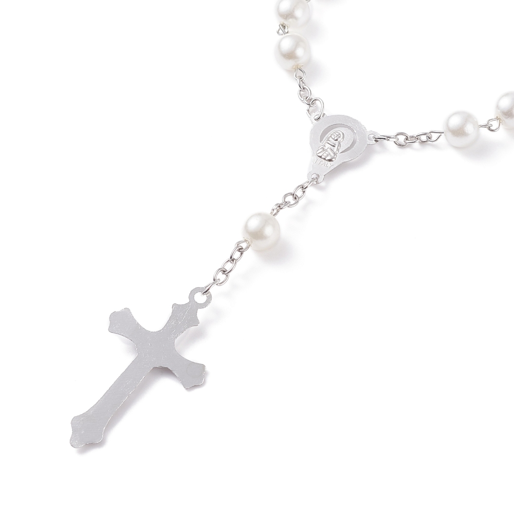 Mini-Rosenkranz Jungfrau Maria Kruzifix Kreuz 18,9cm silber/weiß