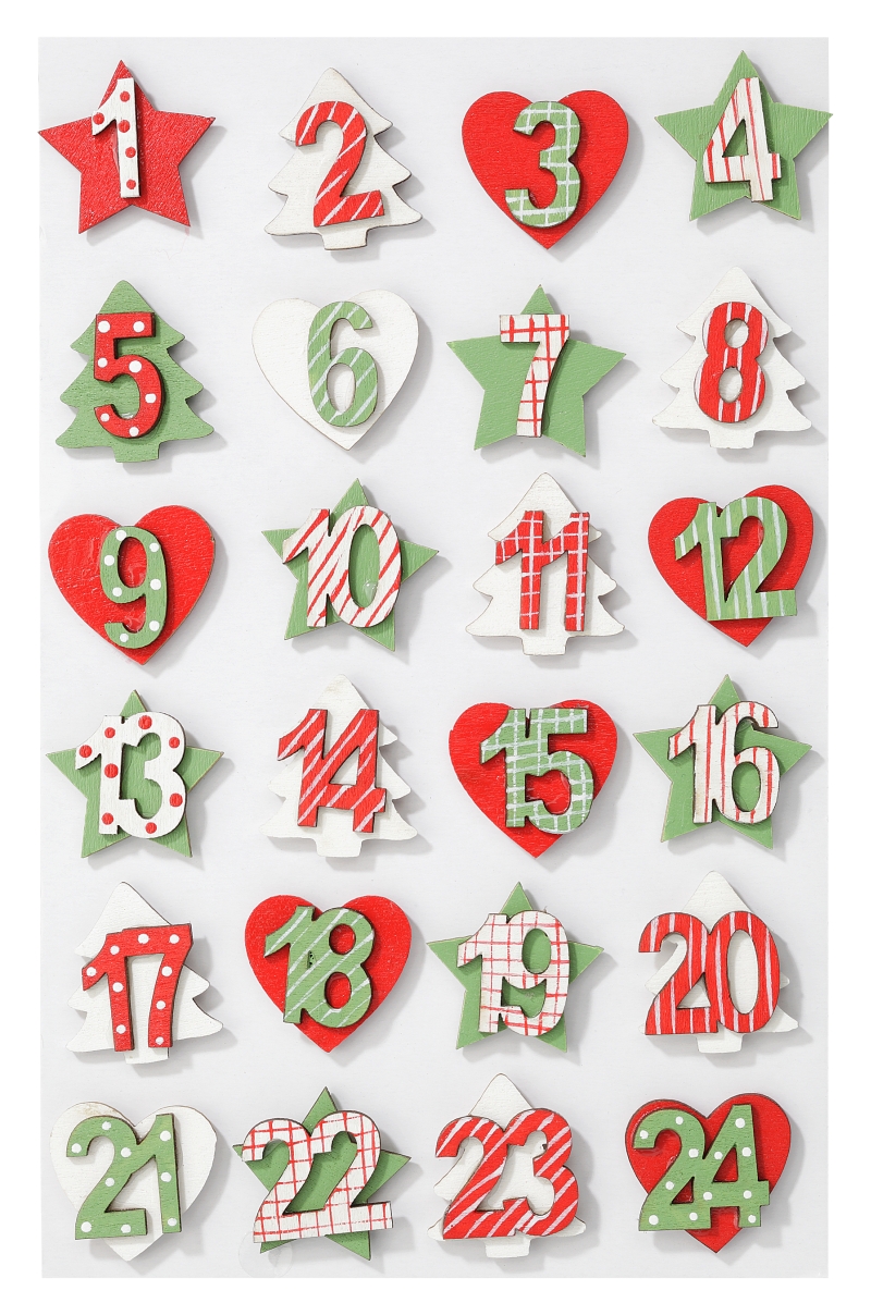 Mini- Holzzahlen Adventkalender Zahlen Adventszahlen Stern Baum Herz 25mm weiß rot grün