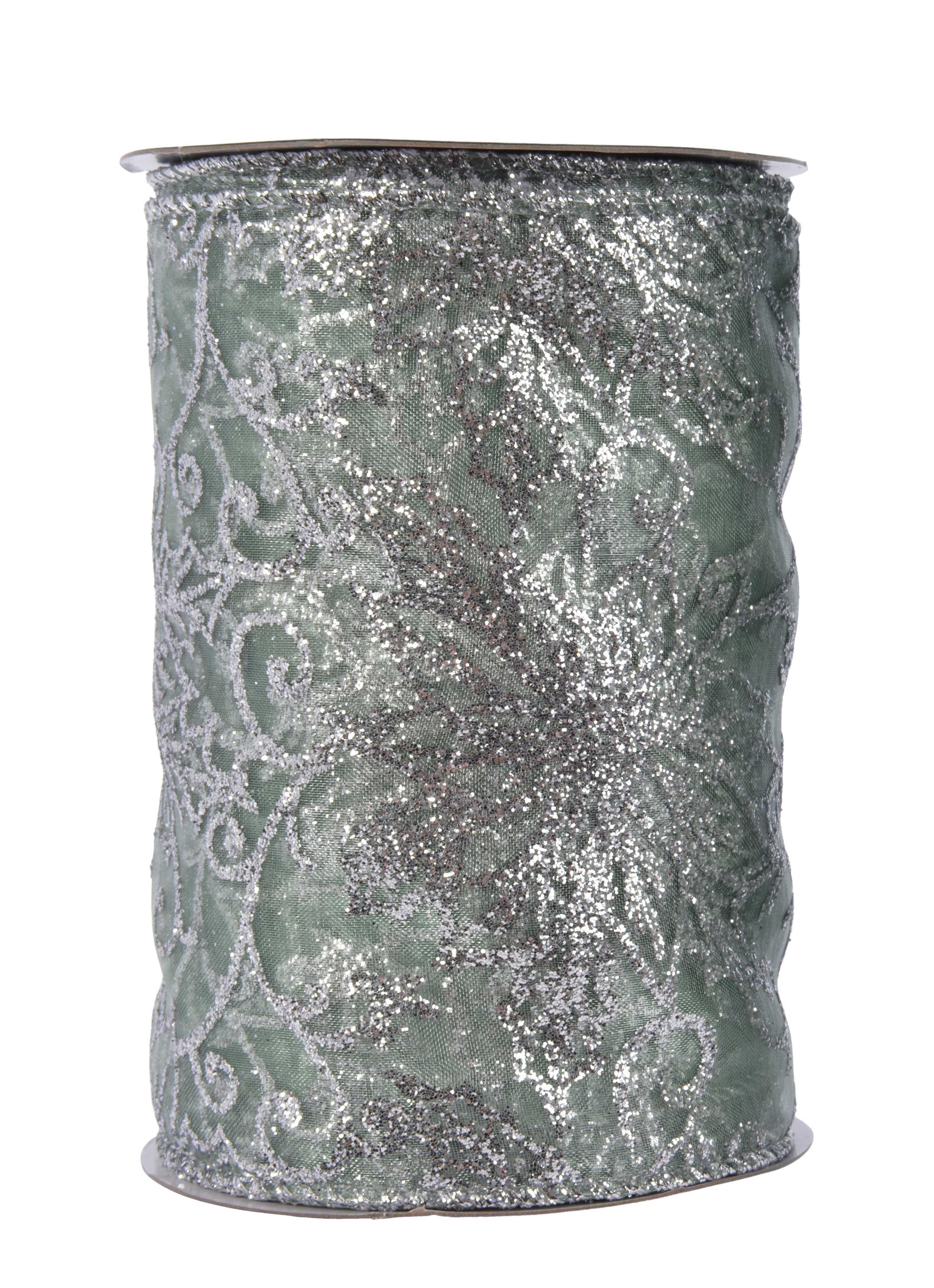 Organzaband mintgrün mit Drahtkante Ornamente silber Glitter 12,7x270cm