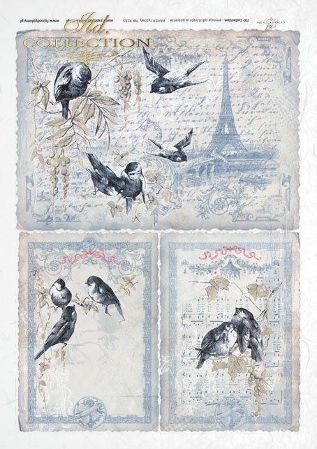 Reispapier A4 Vögel Nostalgie Paris, Decoupagepapier Rice Paper 25-30g/m2 per Stück