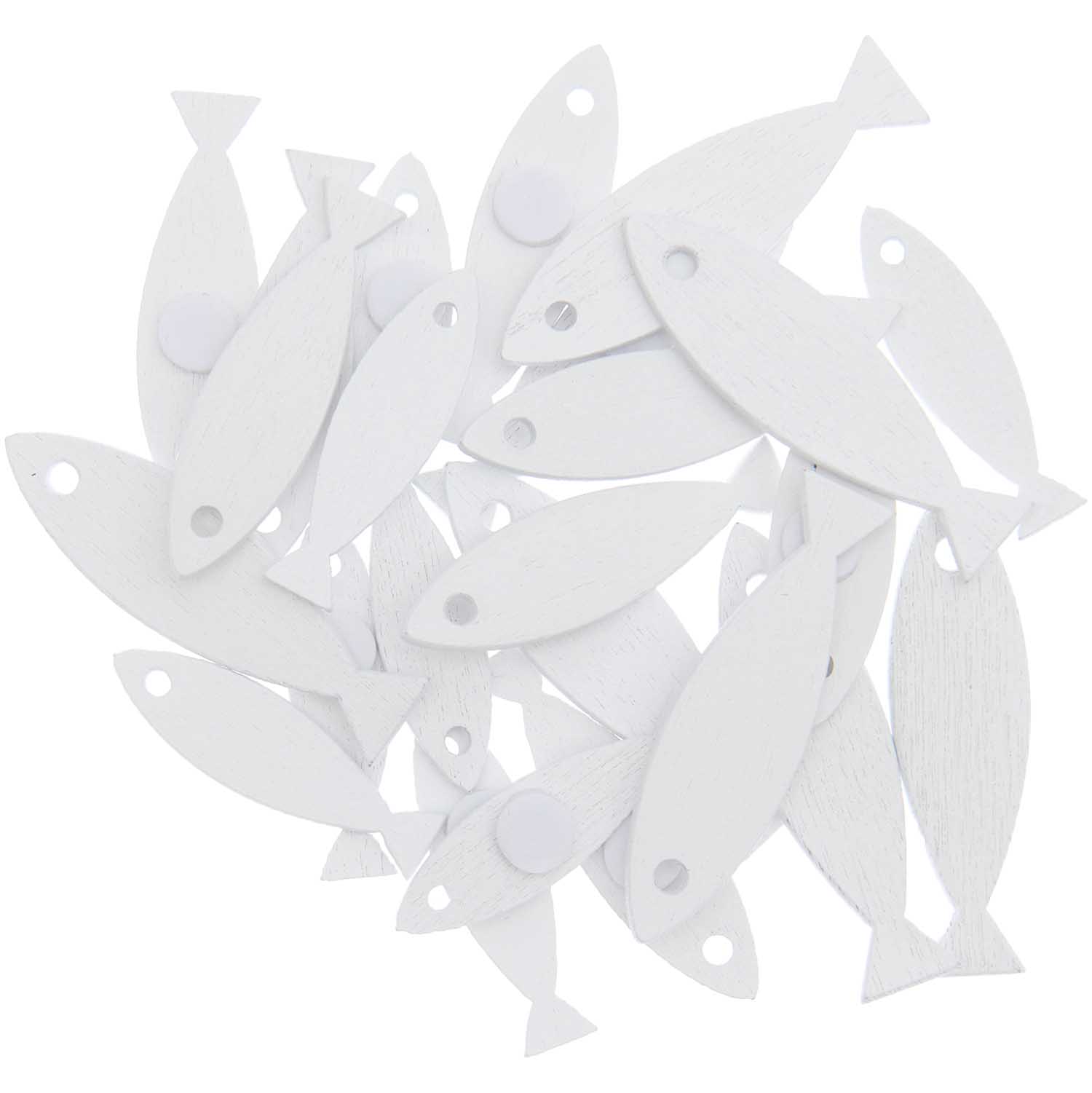 Holz-Streuteile Fische weiß mit Klebepunkt 8,5x30mm - 11,5x40mm 24 Stück 
