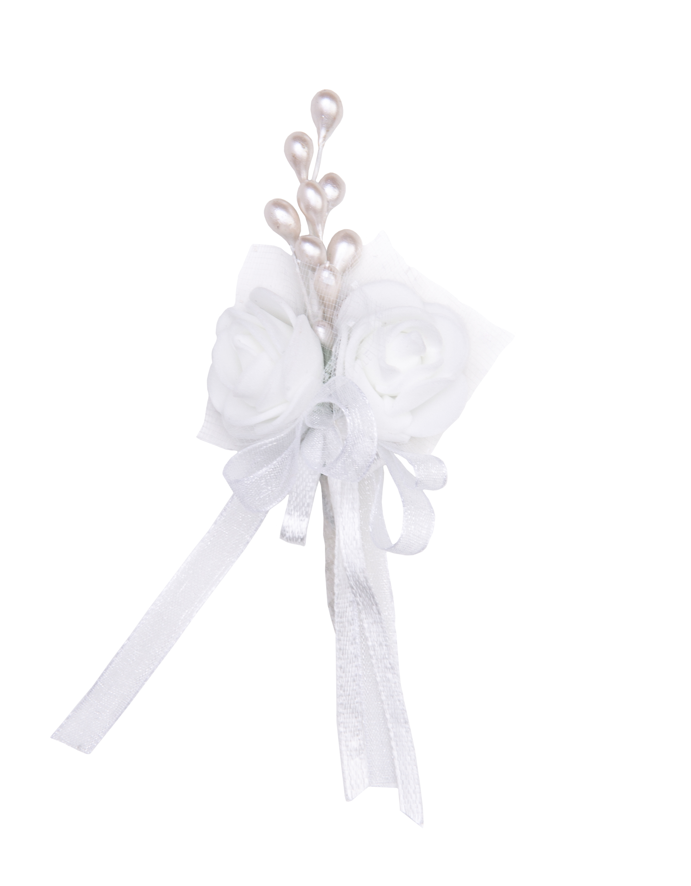 Gästeanstecker für Hochzeiten White Wedding Doppel Rose mit Perlen-Bötzel und Schleife 11x4,5cm