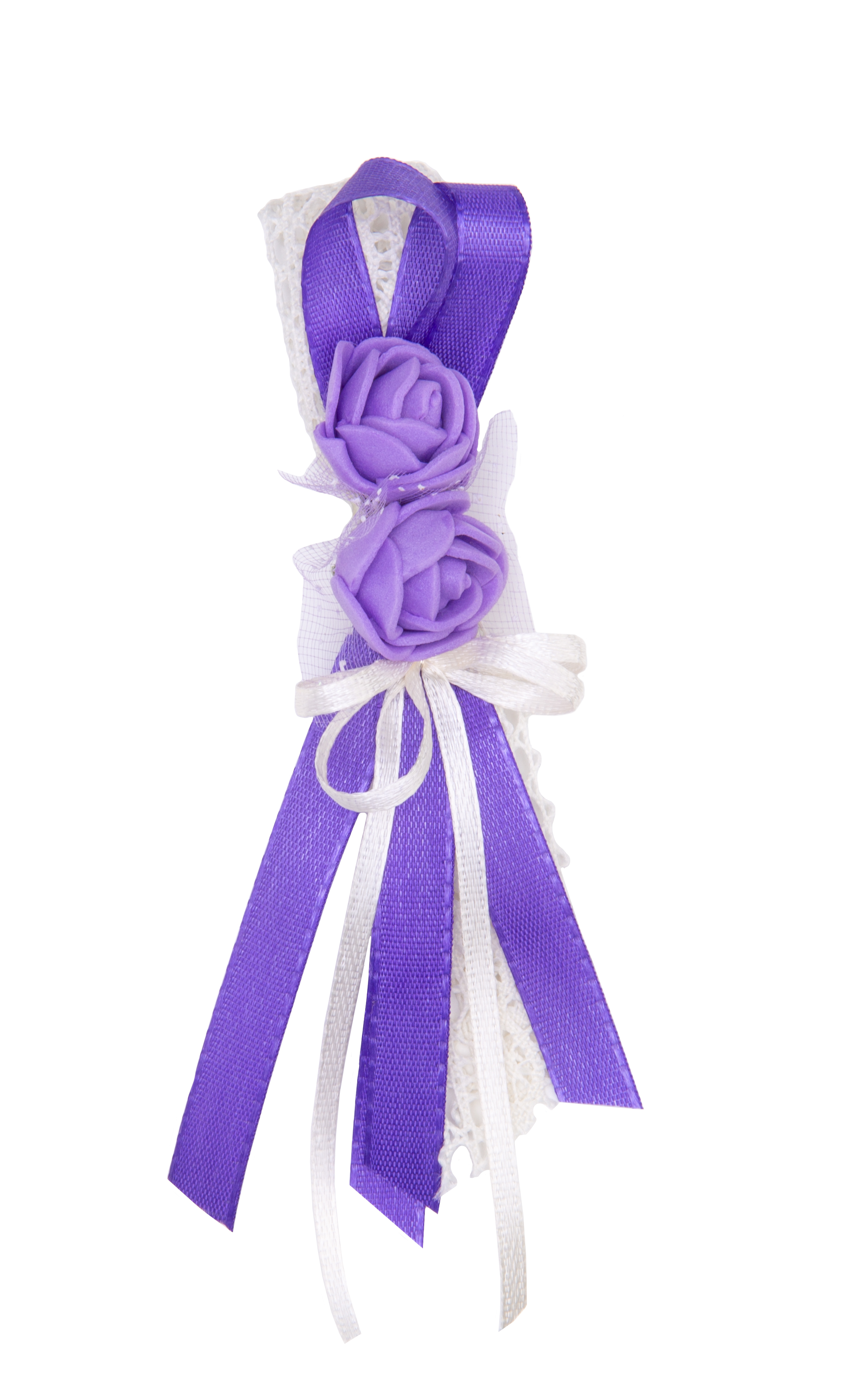 Gästeanstecker für Hochzeit Doppel-Schleife mir Rosen violett 12x4cm