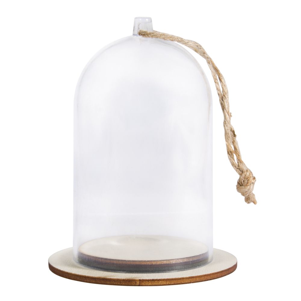 Kunststoffhaube mit Holzsockel Glasglocke Glass Dome Kuppel mit Jutekordel Ornament 
