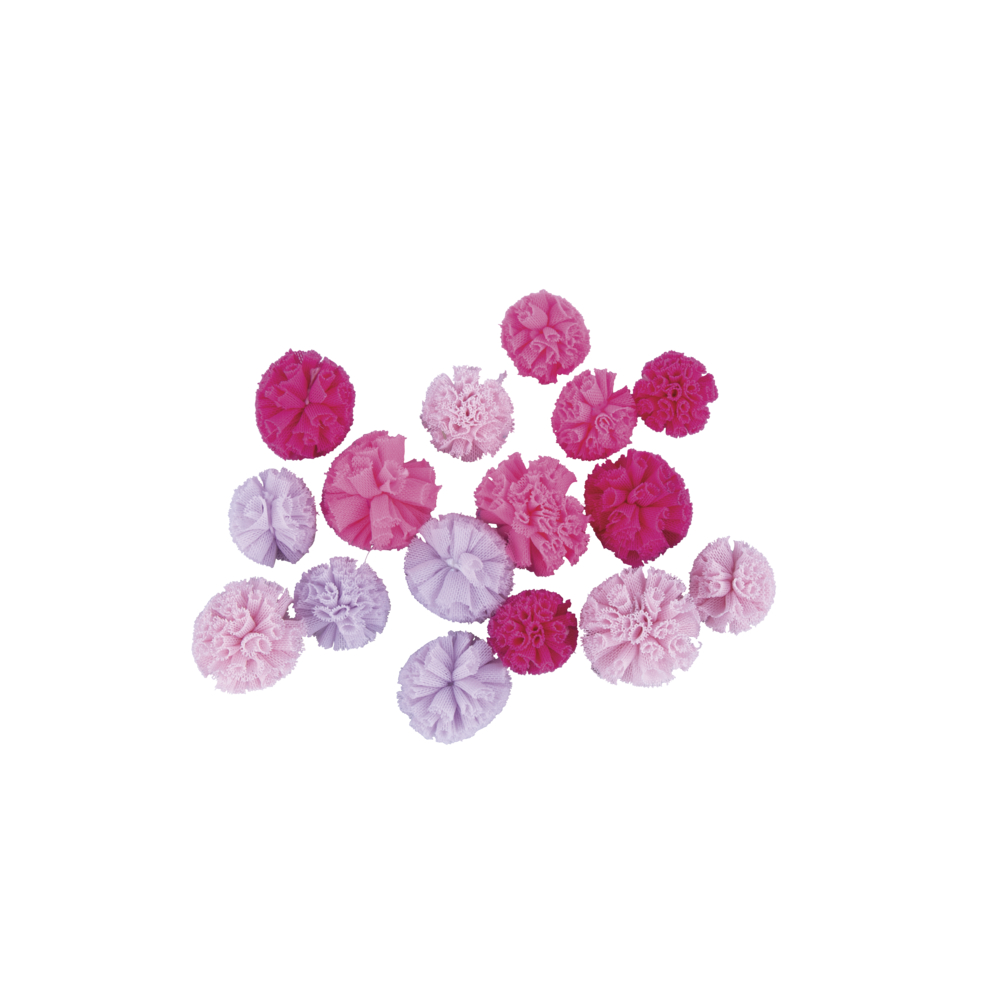 Soft Tüll Pompons sortiert, ø2,5cm+ø3cm, SB-Box 16Stück, pink Töne