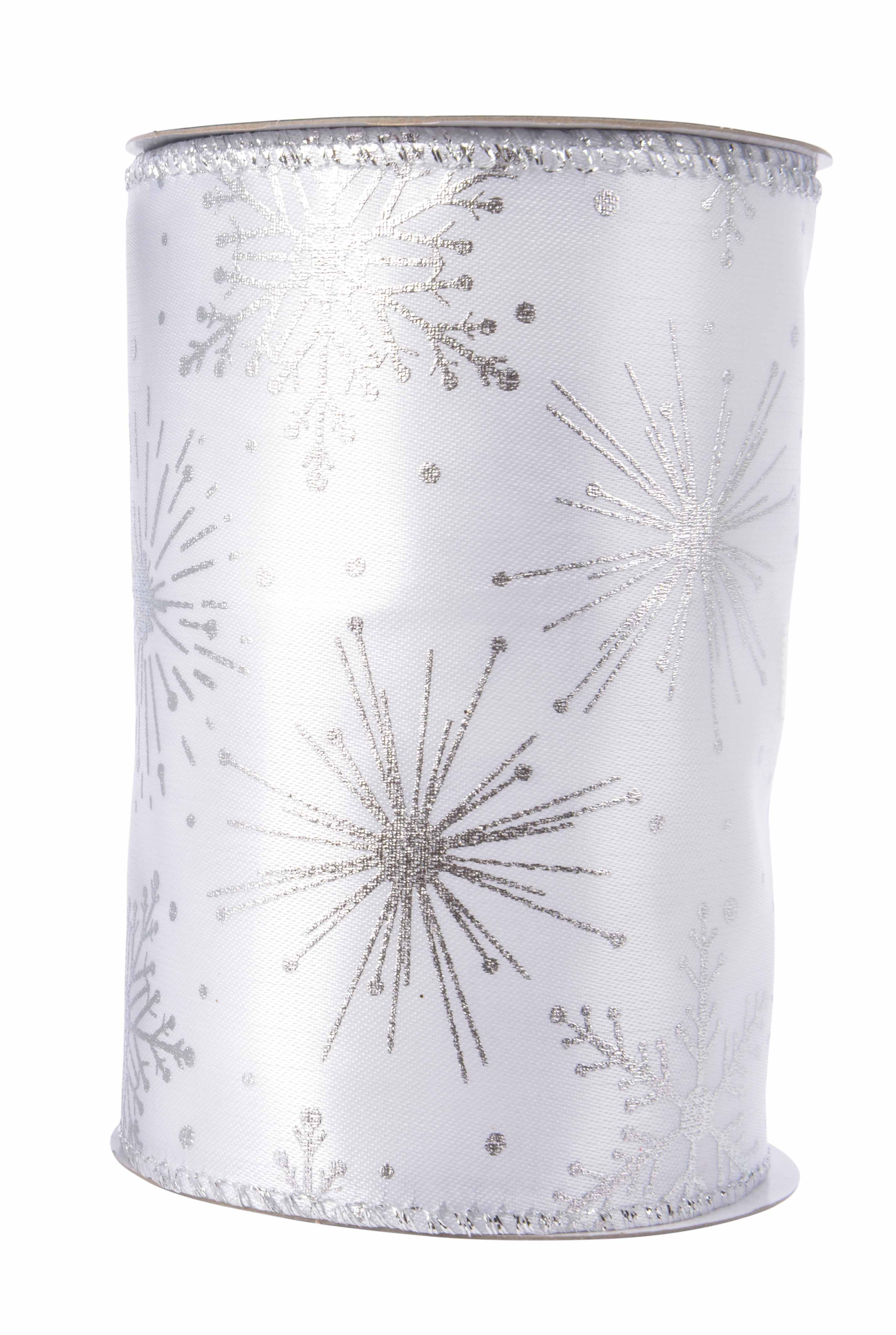 Satinband weiß mit Drahtkante Schneeflocken silber Glitter 12,7x270cm