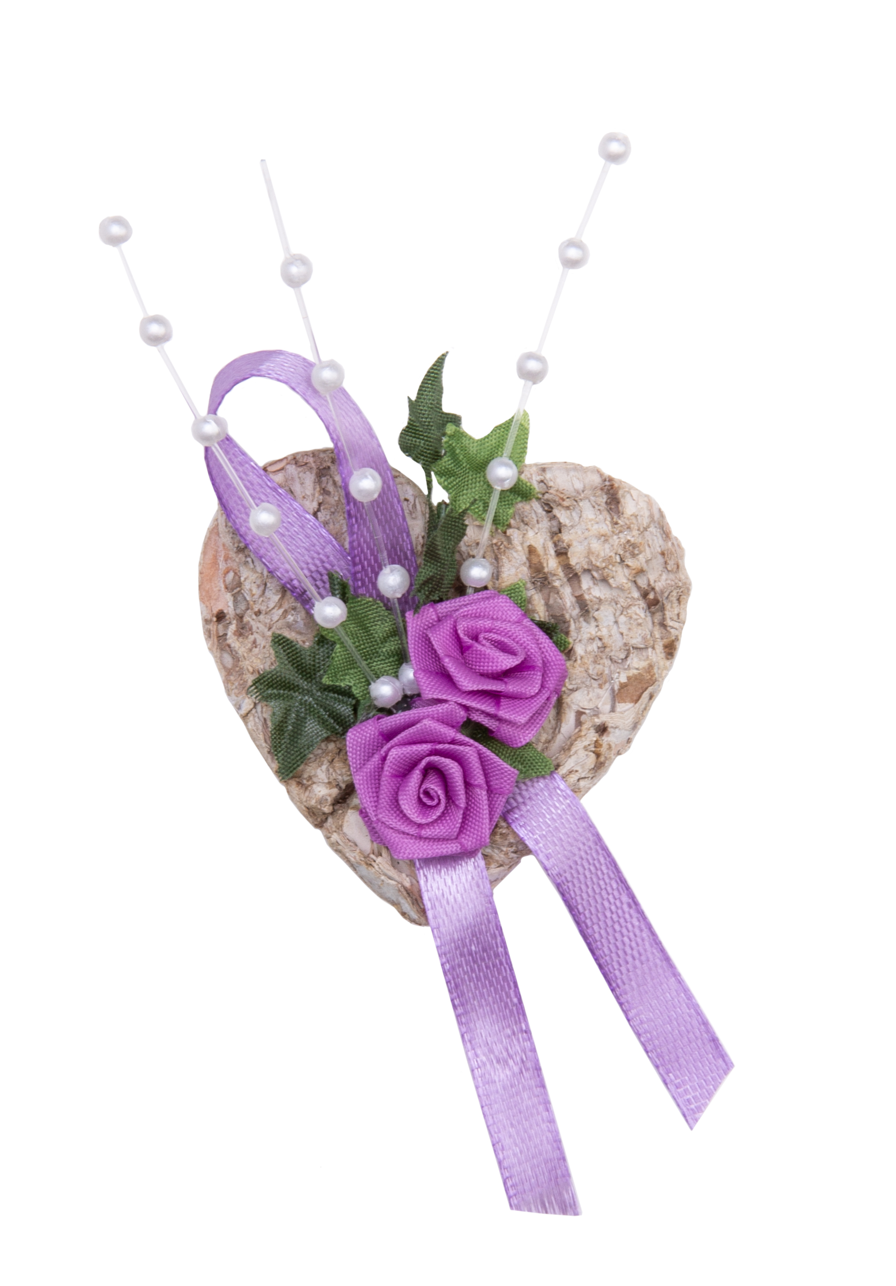 Gästeanstecker für Hochzeit Birkenherz mit Diorröschen lila und Perlenspray  5x5cm 