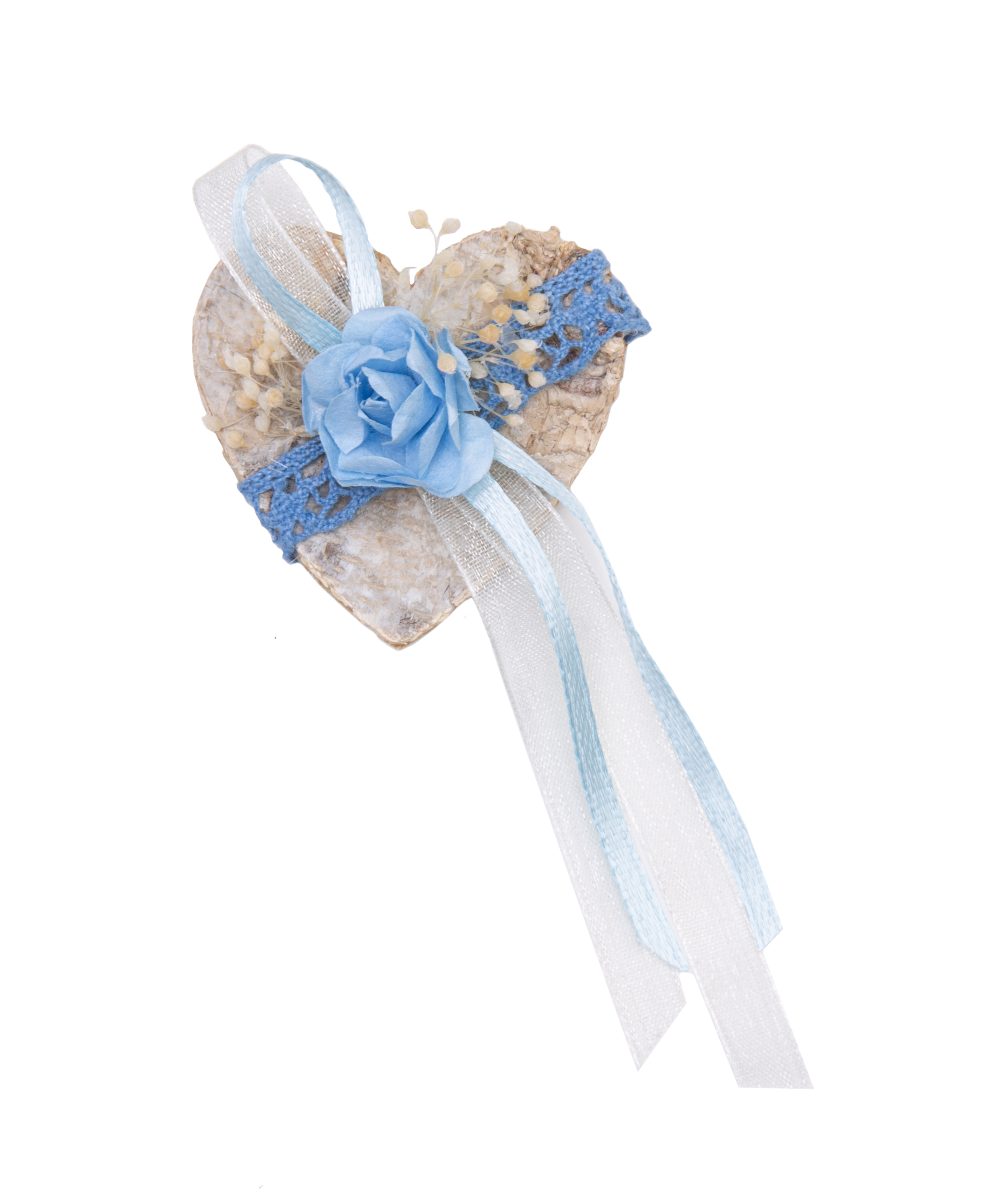 Gästeanstecker für Hochzeiten Birkenherz mit Schleierkraut und Schleifen 5x5cm