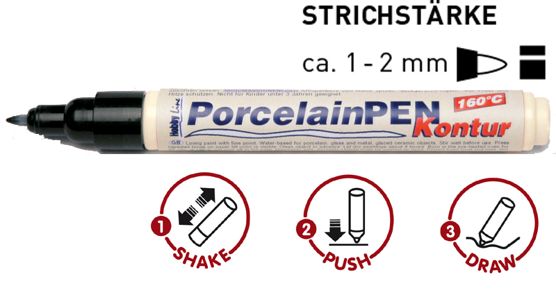 Porcelain PEN Stift, 1-2 mm, schwarz, zum Einbrennen, Kontur  1-2 mm