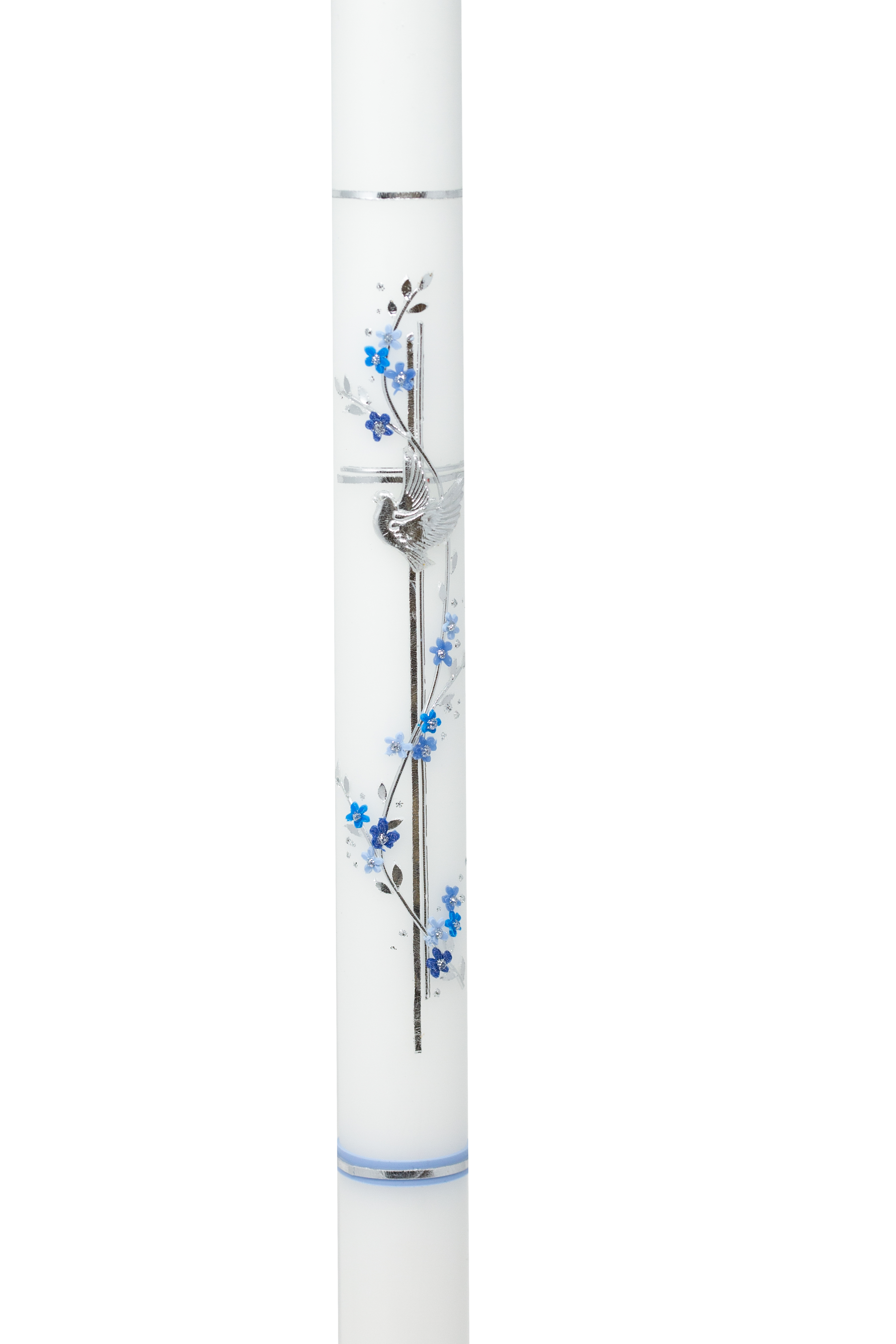 Taufkerze Blumenranke Taube Kreuz blau 50x3cm 