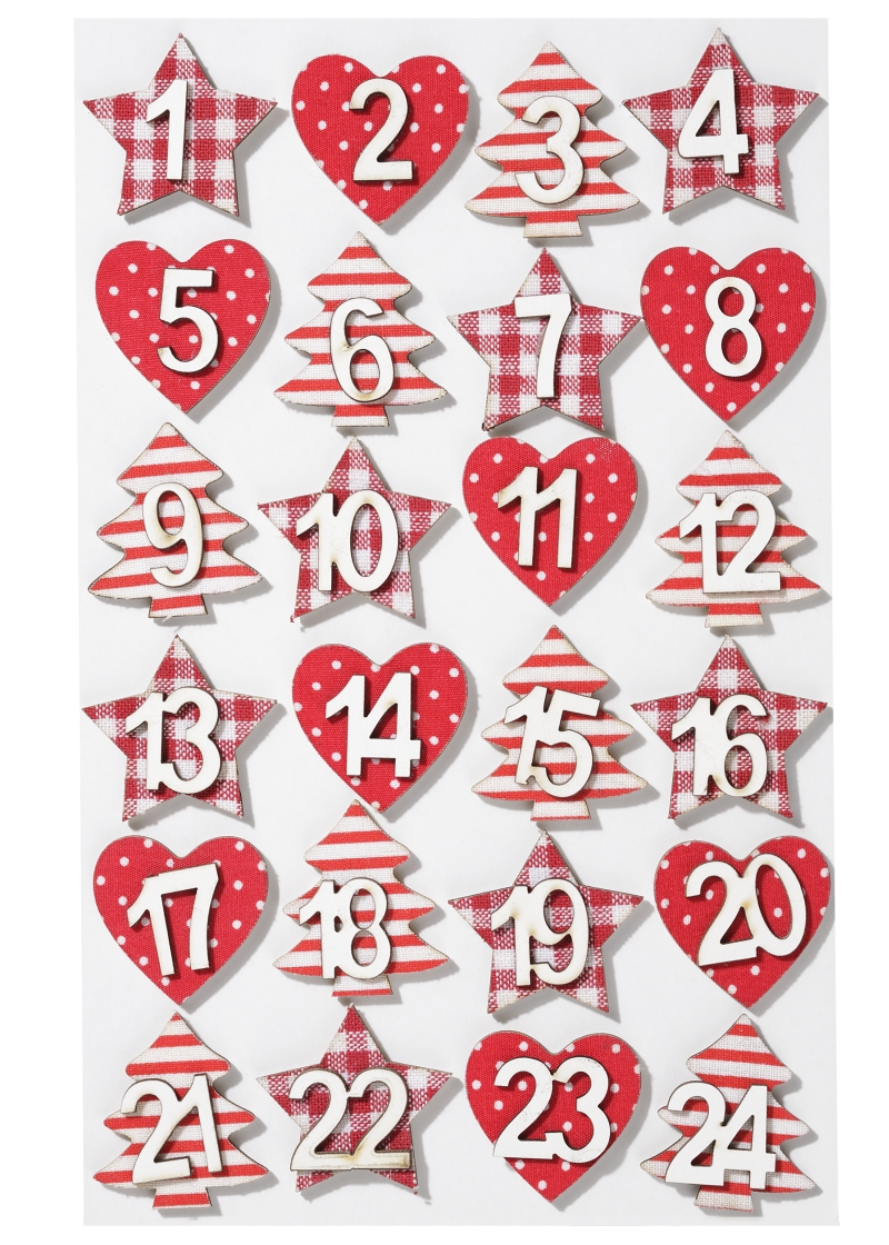 Mini- Holzzahlen Set Adventkalender Zahlen Adventszahlen Stern Baum Herz 35mm weiß rot Stoffdesign