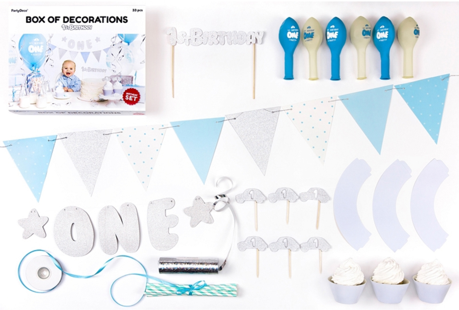 Partydekorations-Set 1st Birthday blau silber 33 Teile