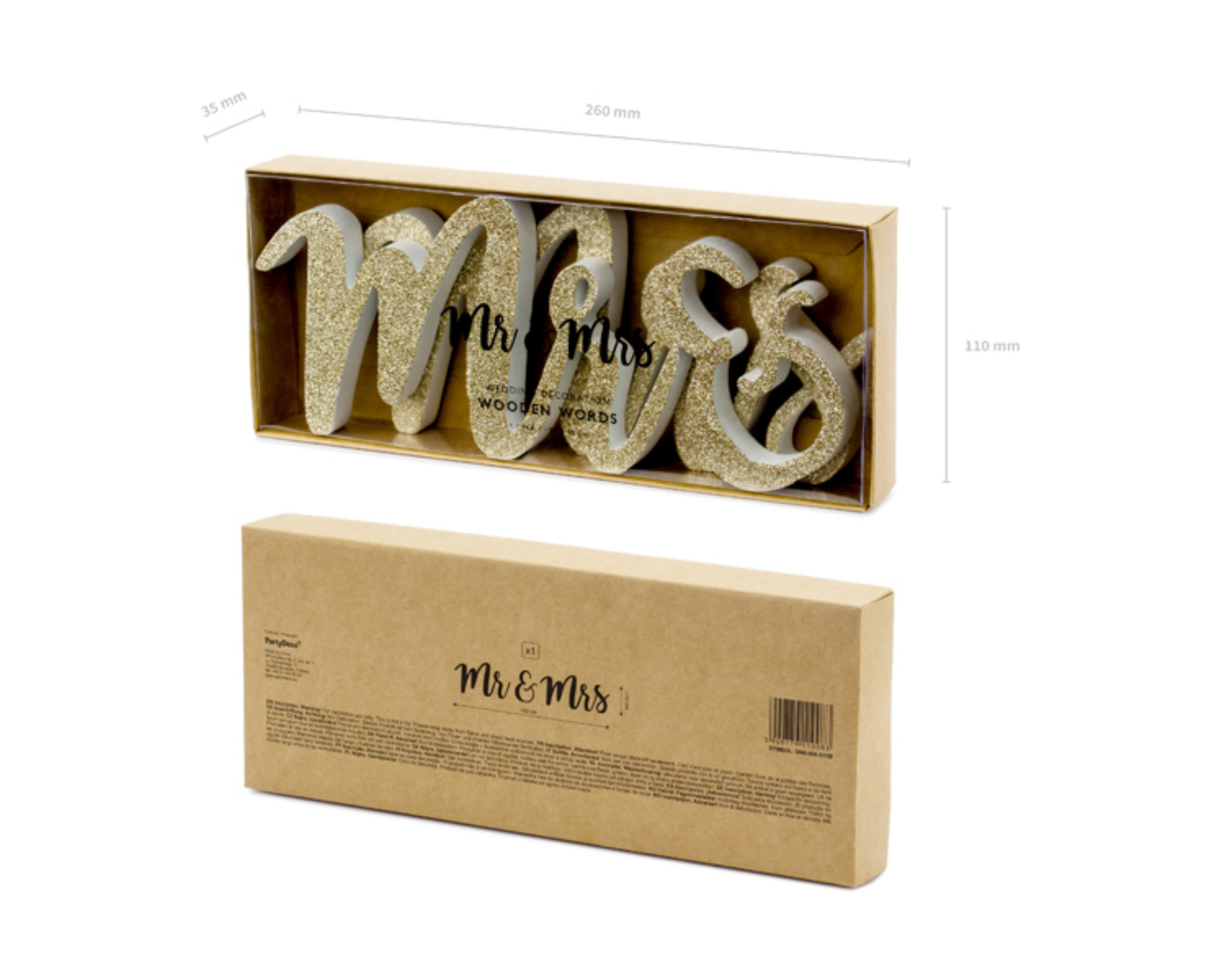 Holzbuchstaben Mr & Mrs Wooden Words weiß gold-Glitter ca. 50x10cm