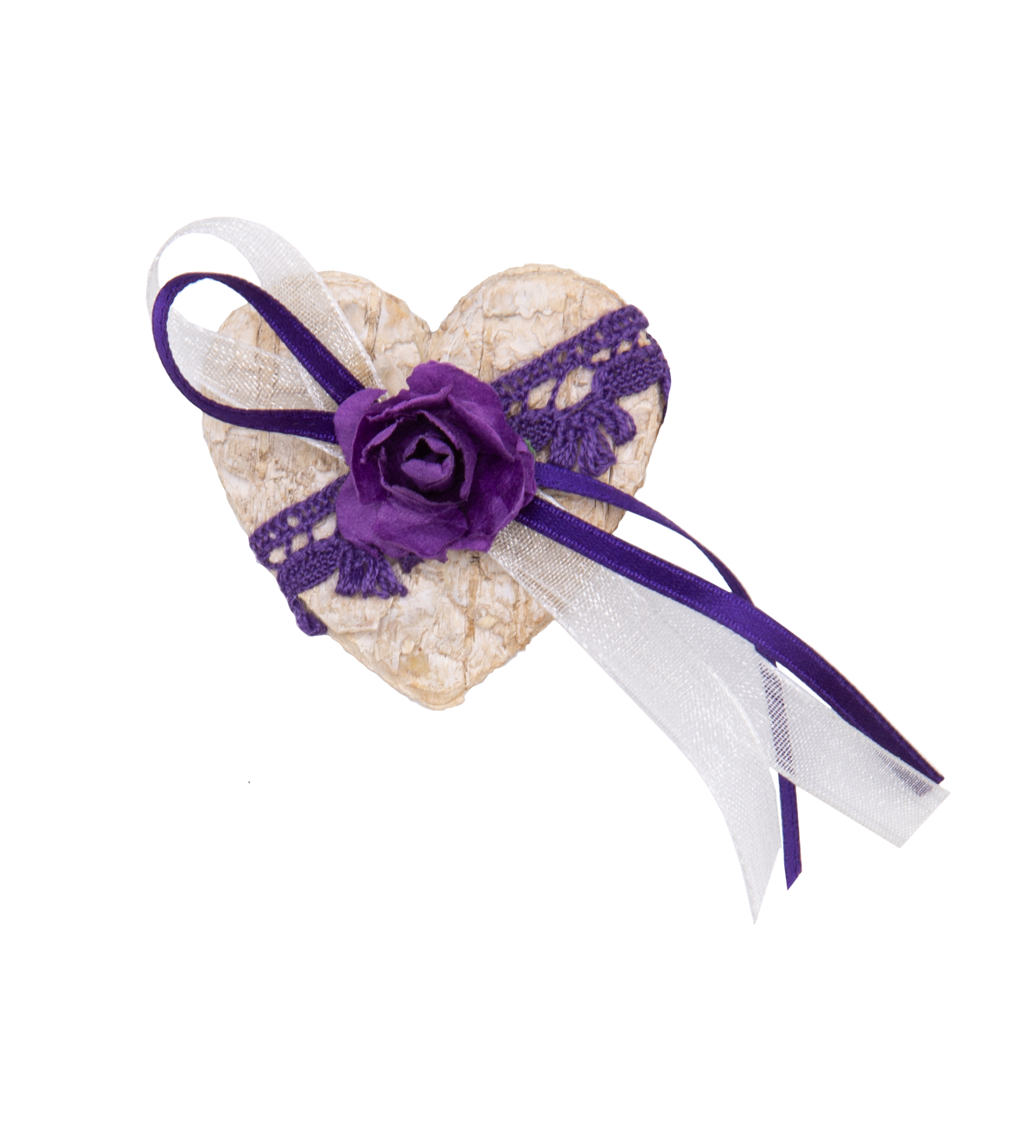 Gästeanstecker für Hochzeiten Birkenherz mit Spitze und Rose violett 5x4,5cm