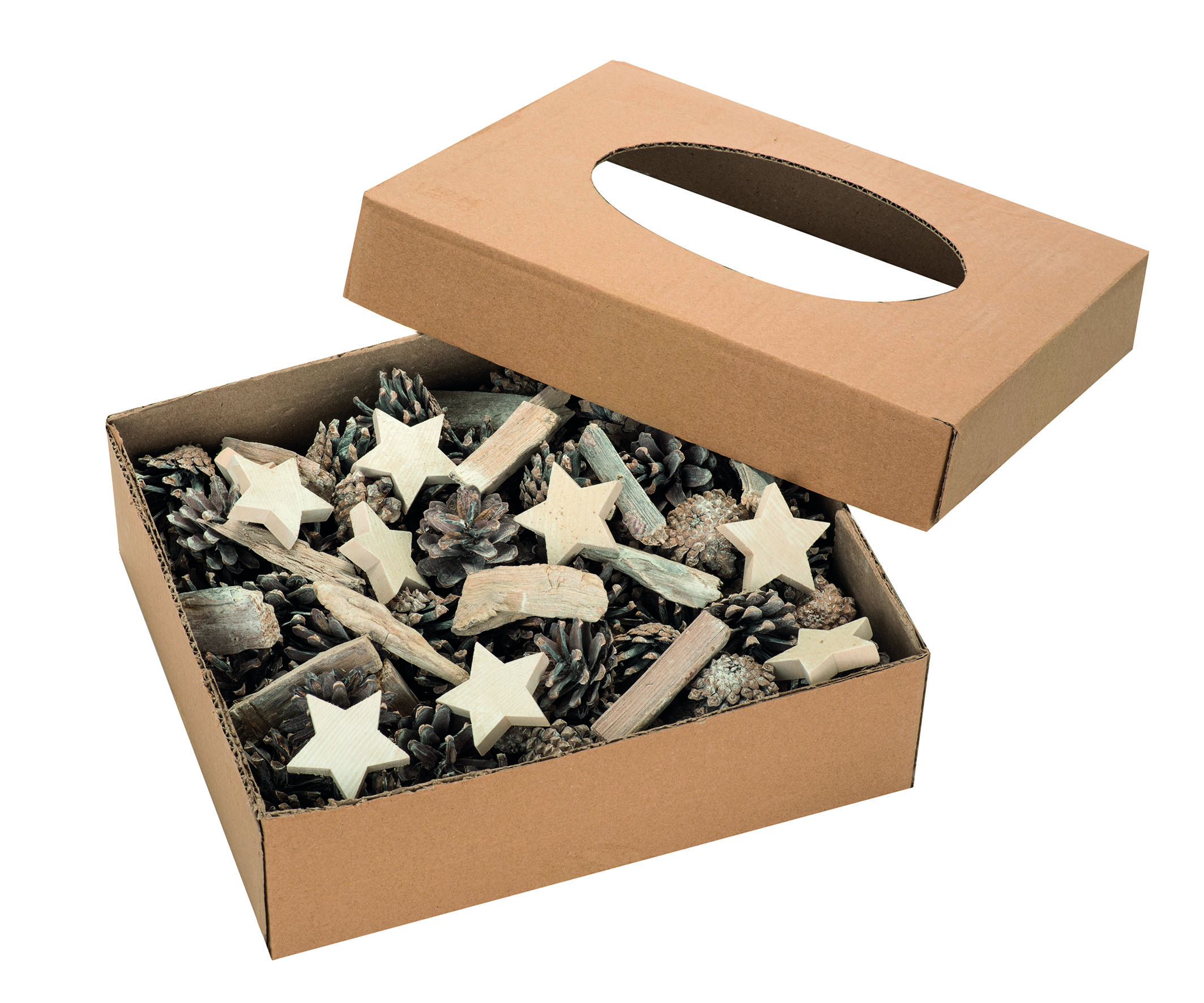 Deko-Holzmix mit Sternen und Zapfen, whitewashed gebleicht 1000g 