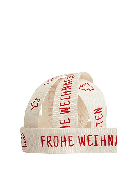 Dekoband Frohe Weihnachten, 15mm breit natur mit farbigem Druck, per Laufmeter