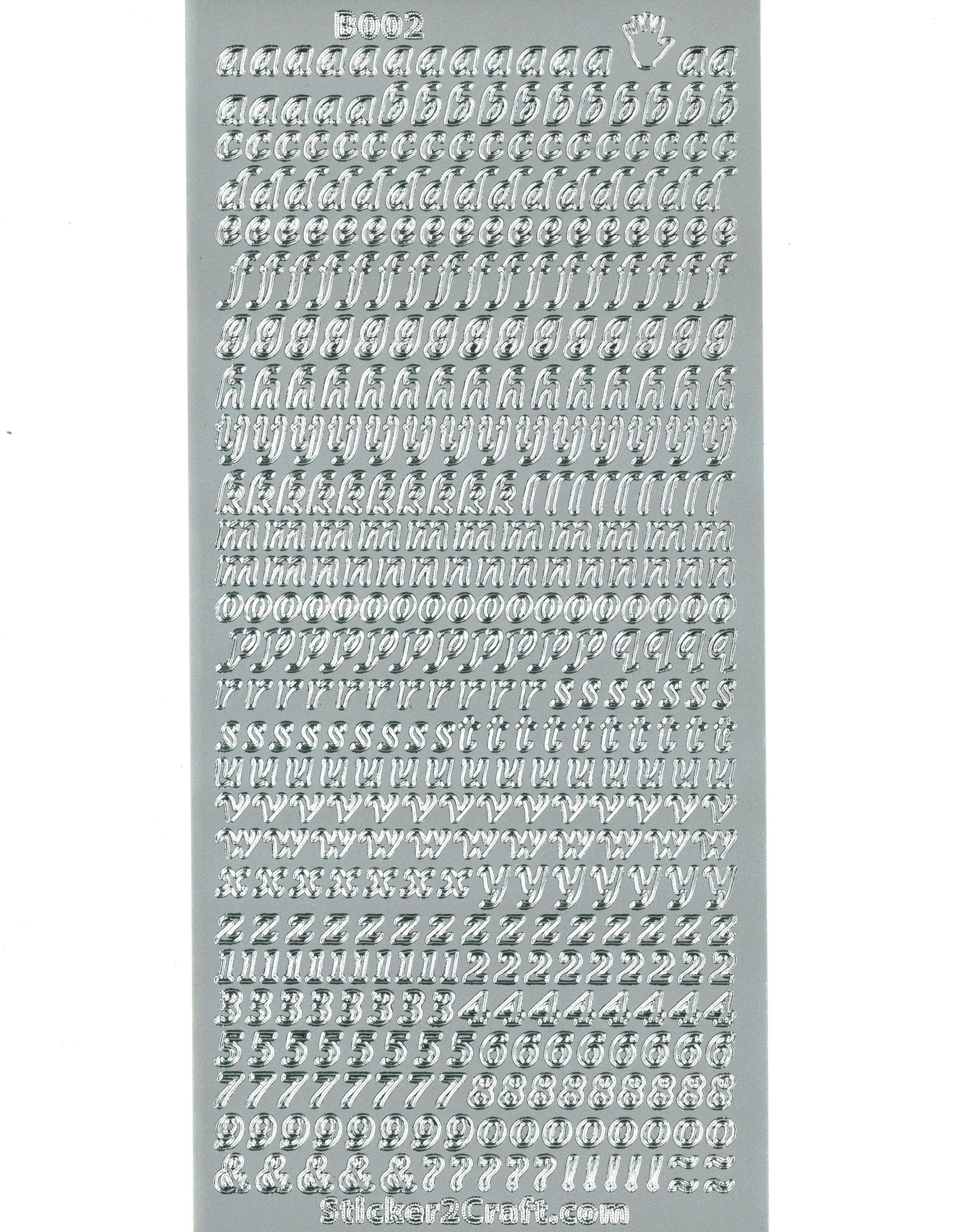 Shiny Outline Stickers Alphabet Kleinbuchstaben Zahlen silber Konturensticker 10x23cm Bogen