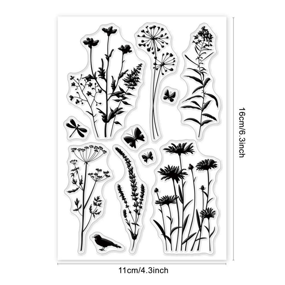 Silikonstempel Pflanzen-Silhouette Gänseblümchen Lavendel Schmetterling 16x11cm 1 Bogen 