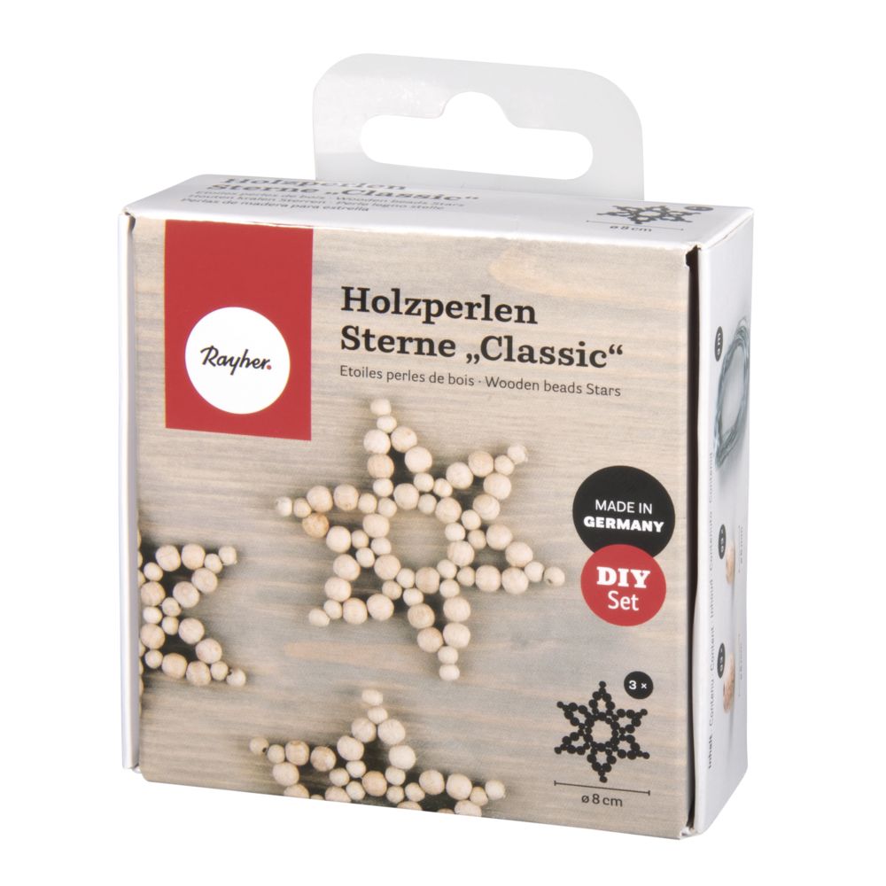 Bastelpackung Holzperlen Sterne Classic 8cm ø Perlen+Fädeldraht+Anleitung Set 3 Stück