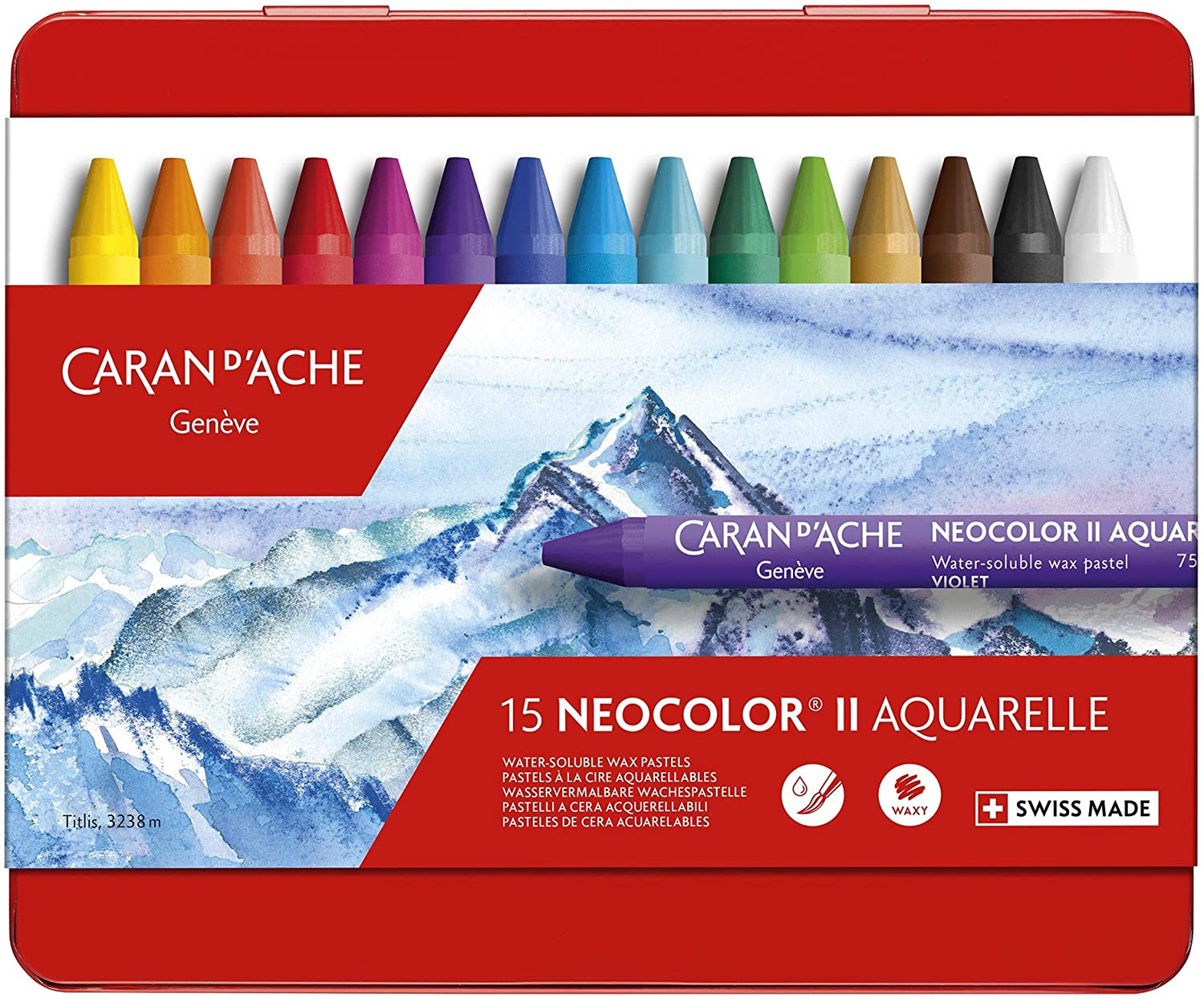 Caran d'Ache  Neocolor II Aquarelle wasservermalbare Wachspastelle 15 Stück bunt sortiert