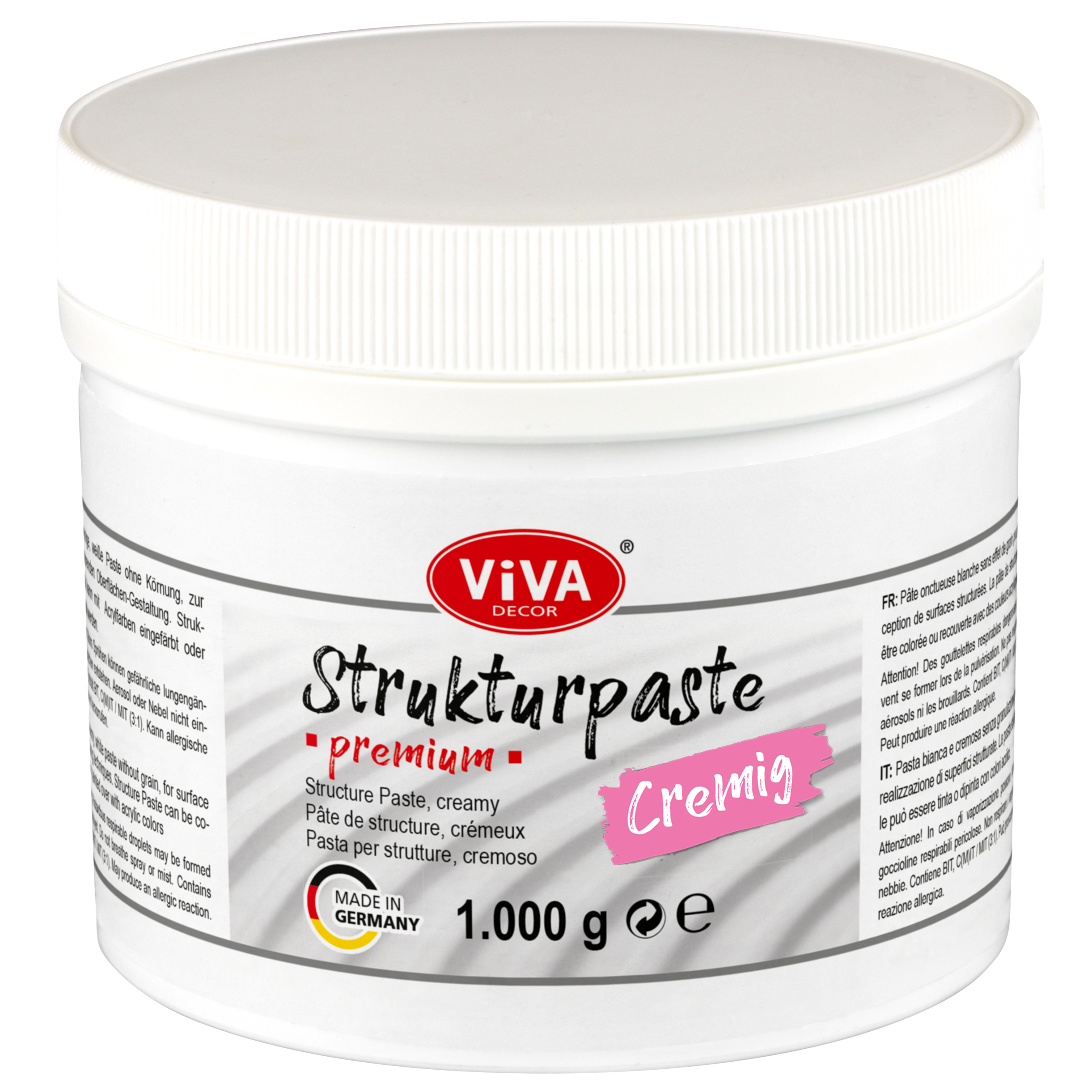 Viva Decor® Strukturpaste PREMIUM cremig (1000g, Weiß) stoßfeste Impasto Paste Künstlerqualität matt 