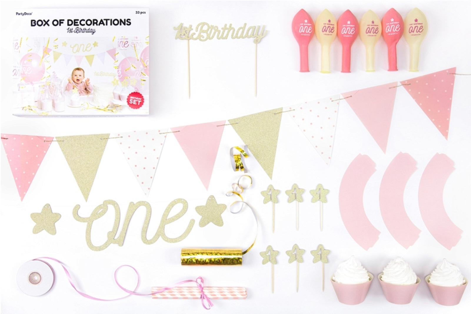Partydekorations-Set 1st Birthday rosa 33 Teile