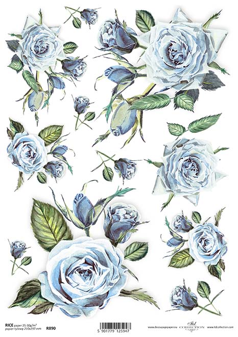 Reispapier Rosen Vintage blau A4 210x297mm 25-30g/m² 1 Bogen 