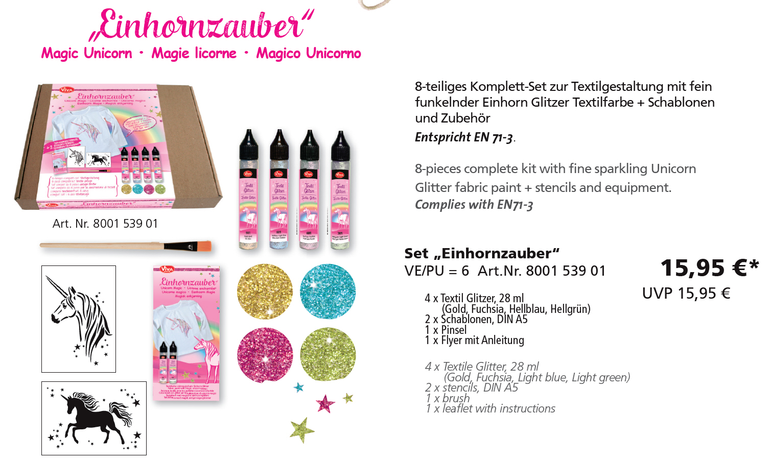 Viva Decor Einhornzauber Textil Set mit Farben Pinsel und Schablonen. Viva Decor Einhornzauber Textil Set mit Farben Pinsel und Schablonen.