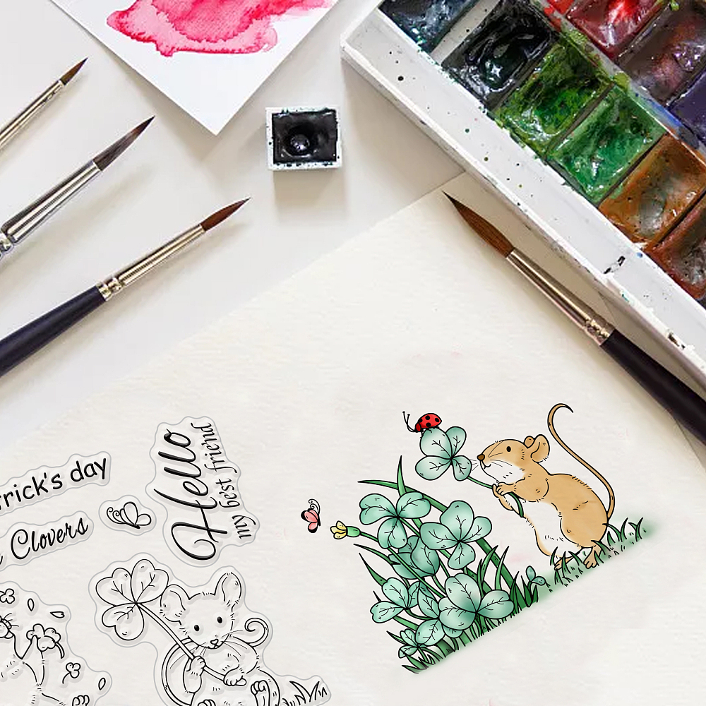 Silikonstempel Maus mit Glücksklee 16x11cm Silikonstempel Maus mit Glücksklee 16x11cm