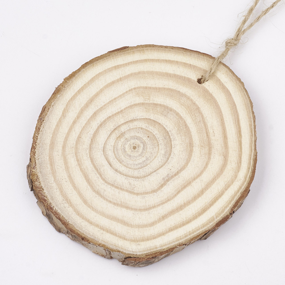 Holzscheiben natur 8-9cm, 5 Stück/Pkg. , Dicke 8mm, Lochbohrung 5mm