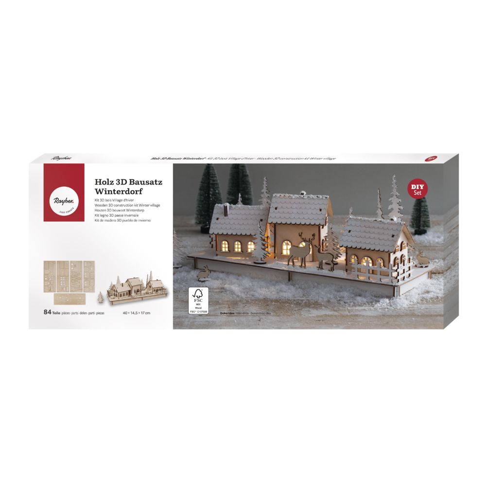 Holz 3D Bausatz Winterdorf -Set FSCMixCred 40x14,5x17cm 84teilig natur