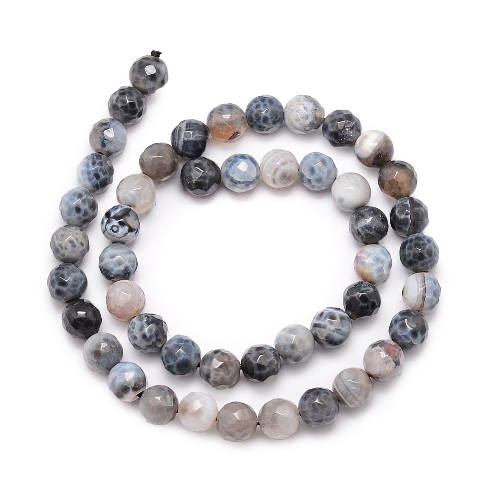 Edelsteinperlen Feuer-Achat grau-weiß-blau rund facettiert 8mm 1 Strang / 47 Stück 