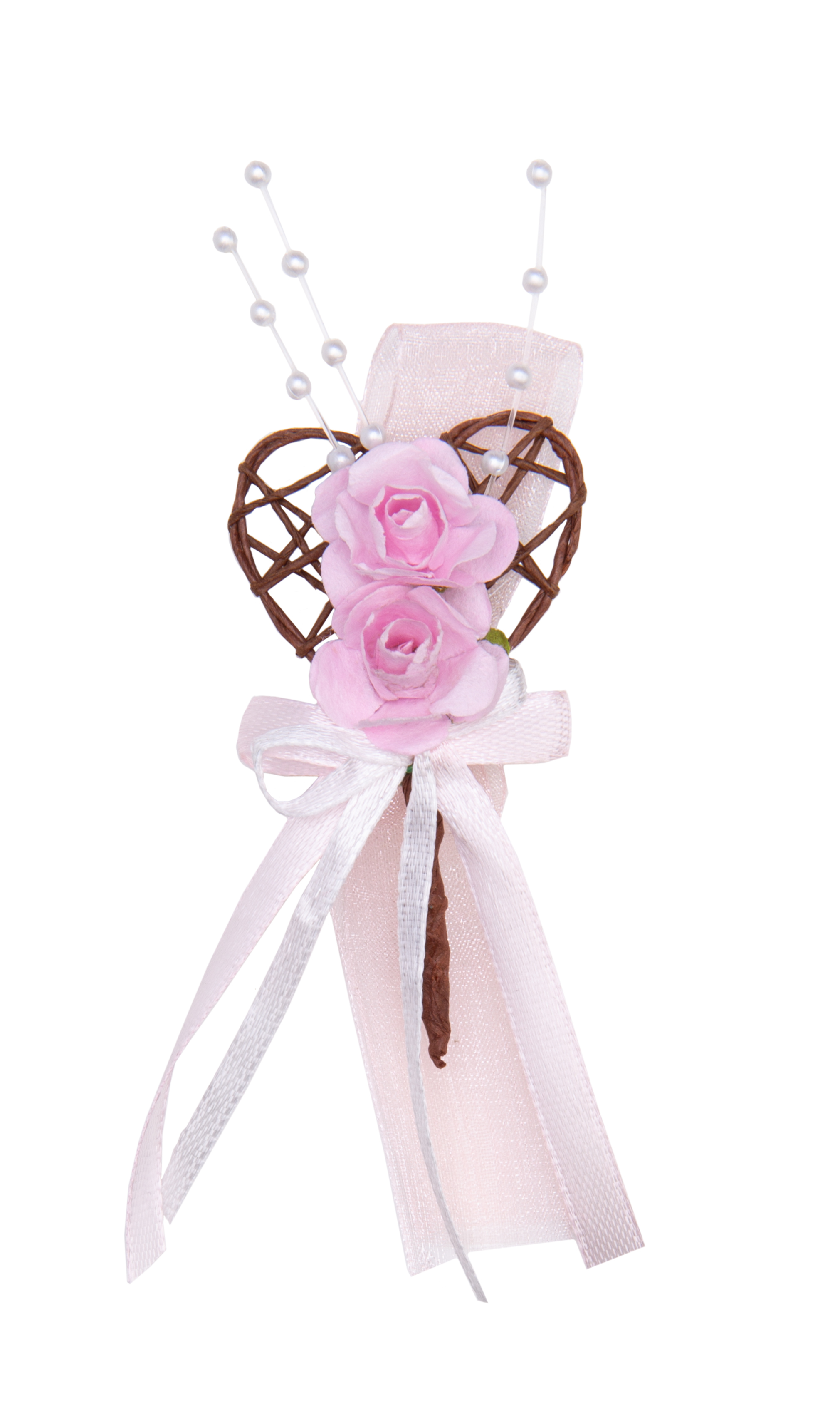 Gästeanstecker für Hochzeiten Rebenherz mit Papierrosen Organzaschleife und Satinschleife 12x4,5cm