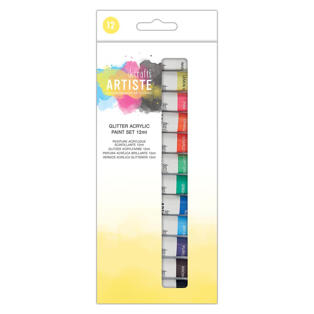 Docrafts Artiste Glitter-Acrylfarben Set 12 Stück á 12ml 