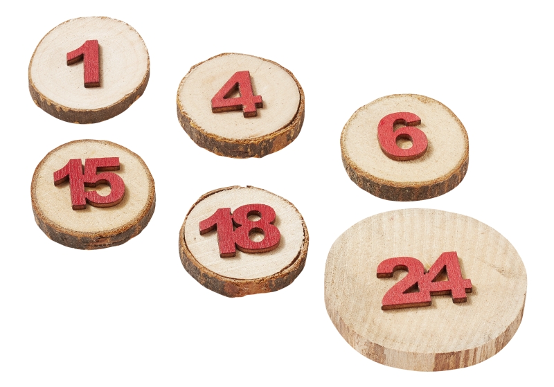 Adventszahlen auf Holzscheibe mit Klebepunkt Adventkalender- Zahnlen natur mit roten Zahlen