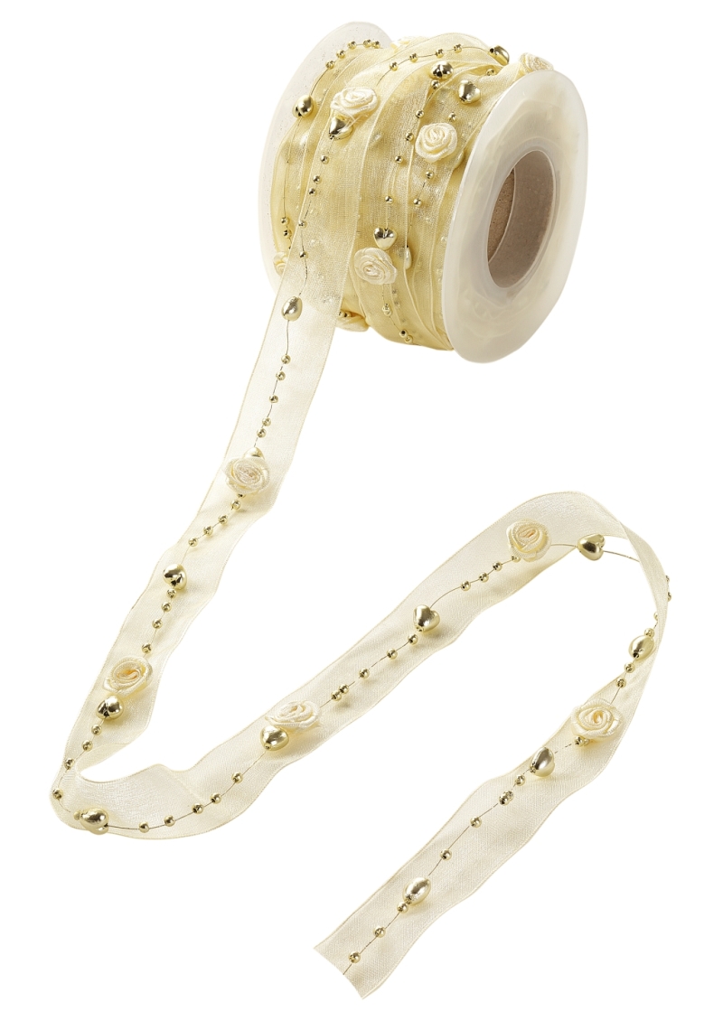 TRENDY-Band mit Rosen creme/gold, per m