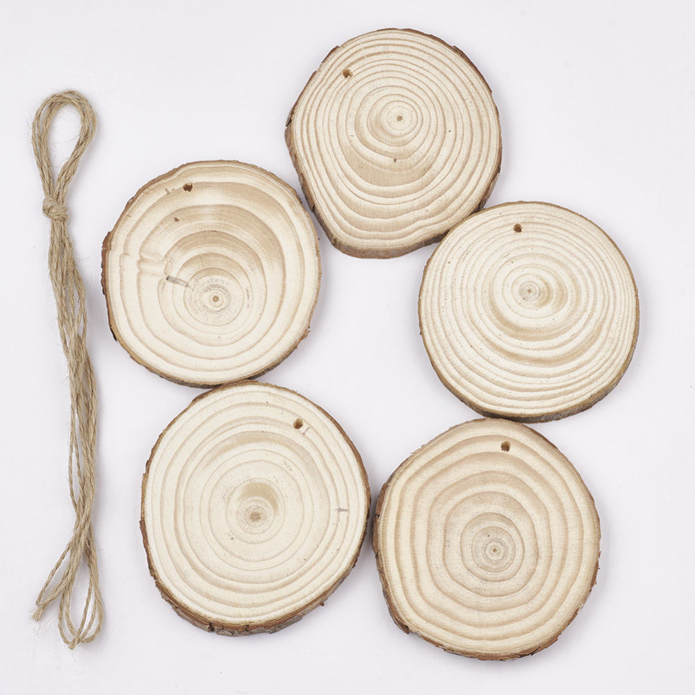 Holzscheiben natur 8-9cm, 5 Stück/Pkg. , Dicke 8mm, Lochbohrung 5mm