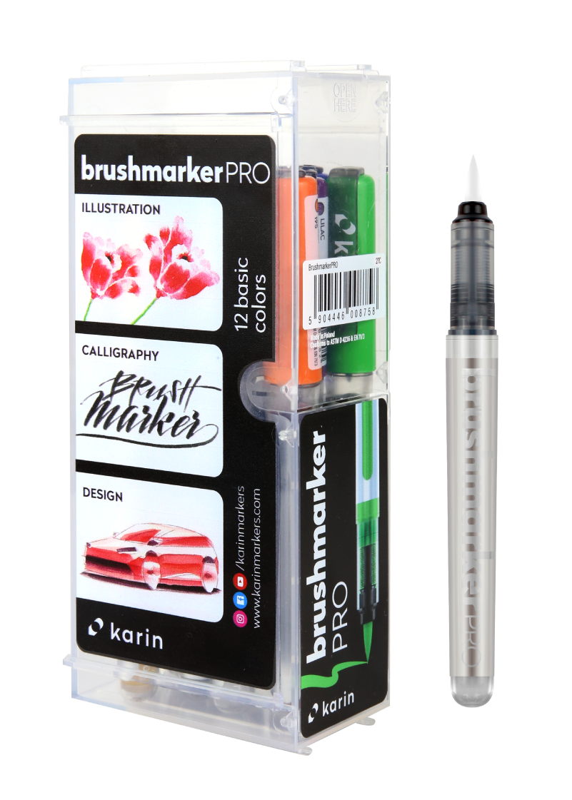 Karin Markers Brushmarker PRO BASIC COLORS + Blender Set mit Nylon-Pinselspitze 12 Stifte Karin Markers Brushmarker PRO BASIC COLORS + Blender Set mit Nylon-Pinselspitze 12 Stifte