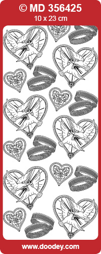 Shiny Outline Stickers Tauben Eheringe Marriage Doves with Rings gold transparent Konturensticker Schrift 10x23cm Bogen