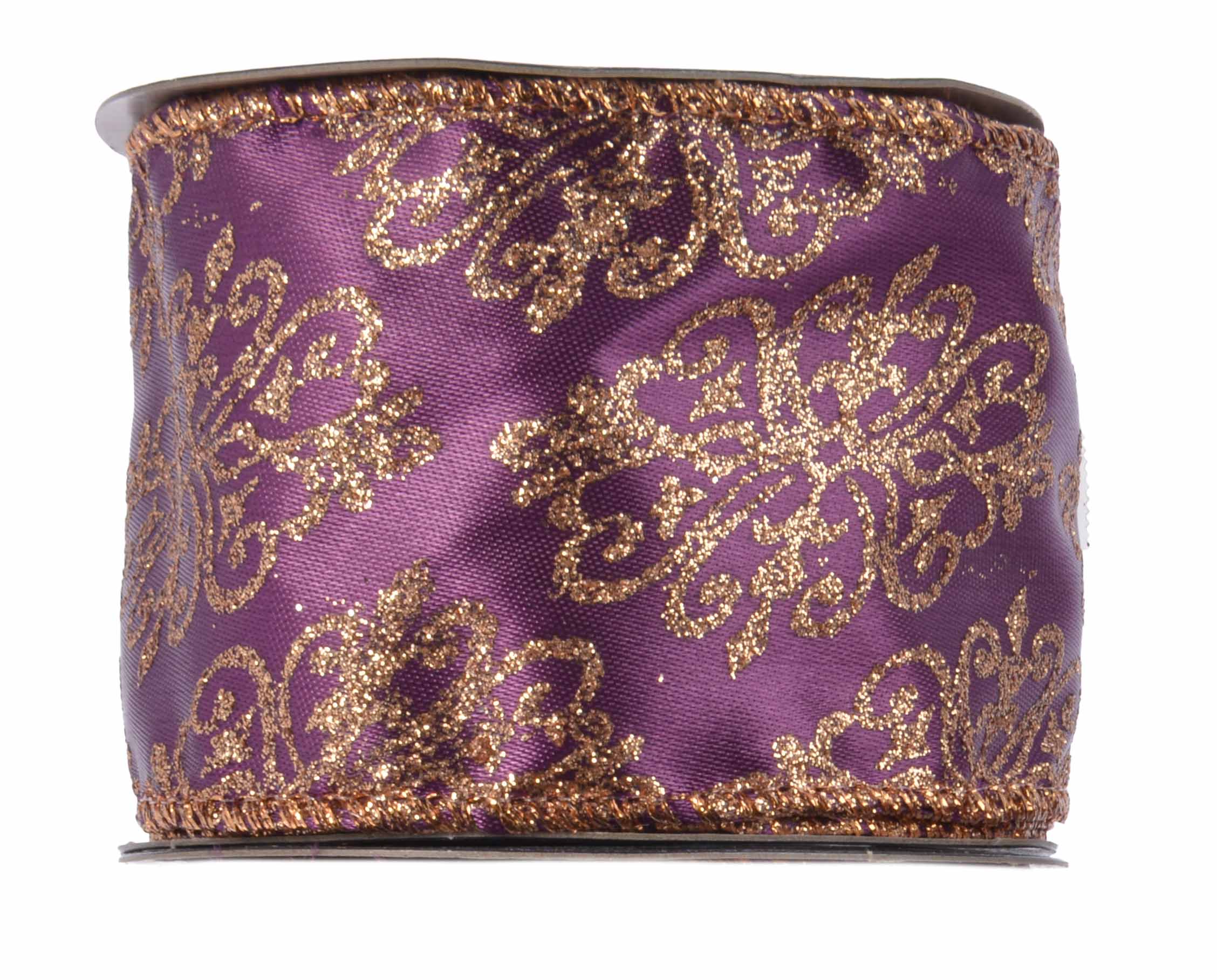 Stoffband violett gold Ornamentmuster filigran Glitter Drahtkante 6,3x270cm