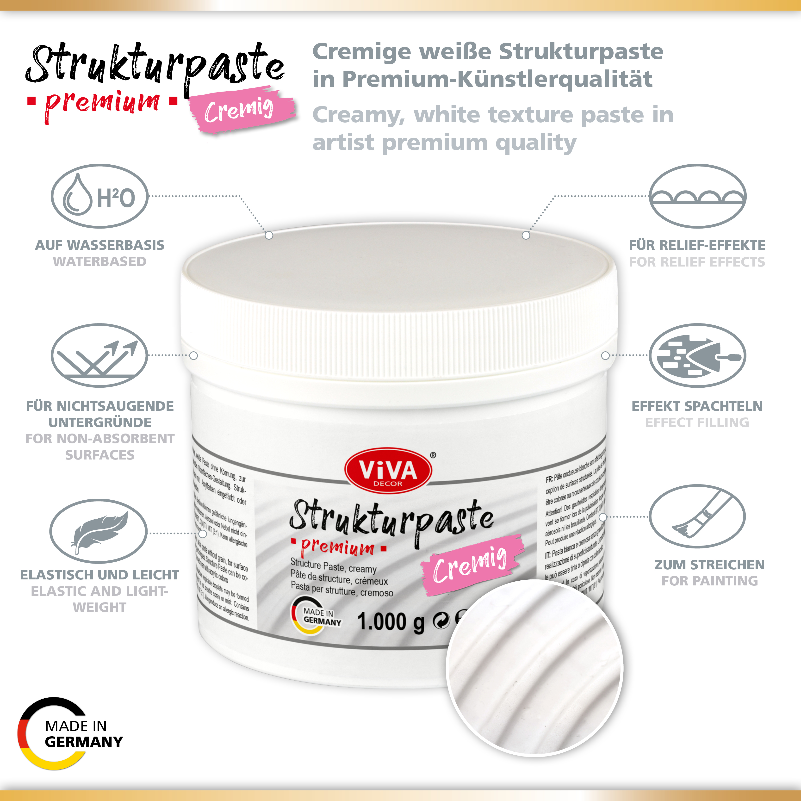 Viva Decor® Strukturpaste PREMIUM cremig (1000g, Weiß) stoßfeste Impasto Paste Künstlerqualität matt 