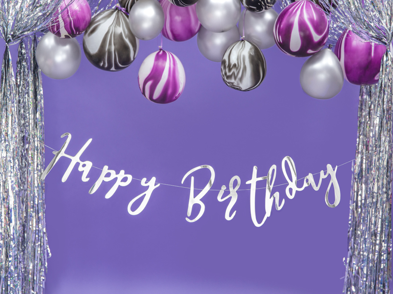 Happy Birthday Banner aus Spiegelpapier SILBER 16,5 x 62 cm Happy Birthday Banner aus Spiegelpapier SILBER 16,5 x 62 cm