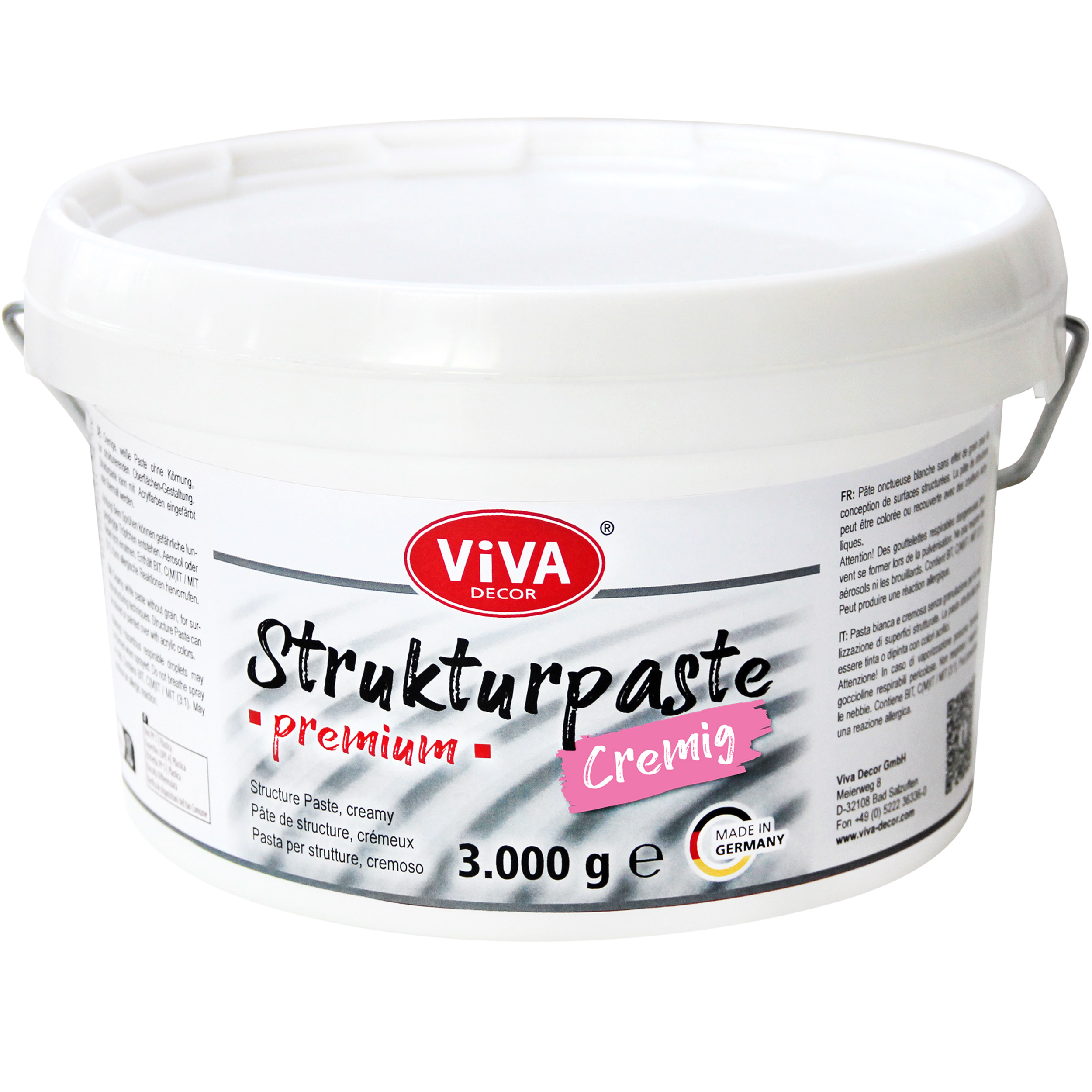 Viva Decor® Strukturpaste PREMIUM cremig (3000g, Weiß) stoßfeste Impasto Paste Künstlerqualität matt 