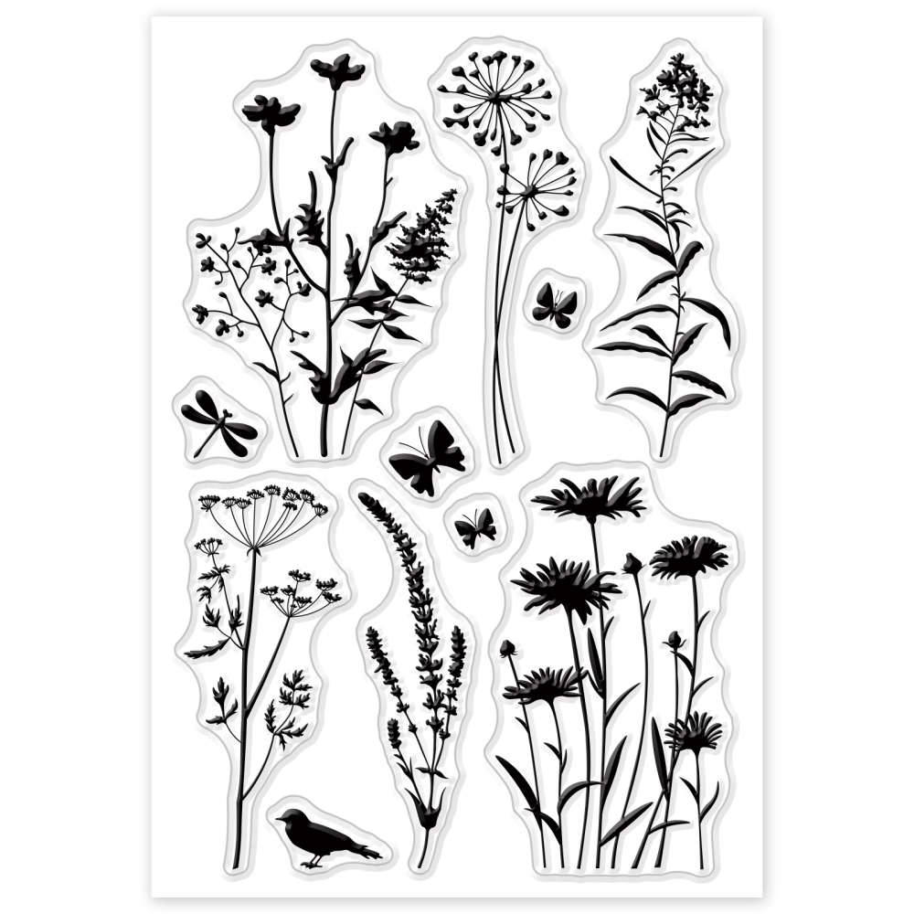 Silikonstempel Pflanzen-Silhouette Gänseblümchen Lavendel Schmetterling 16x11cm 1 Bogen 