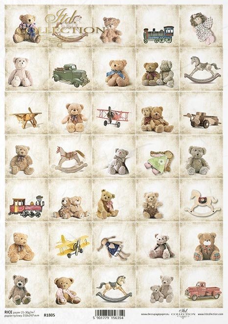 Decoupagepapier Teddybären Spielzeug  210x297 mm 1 Bogen