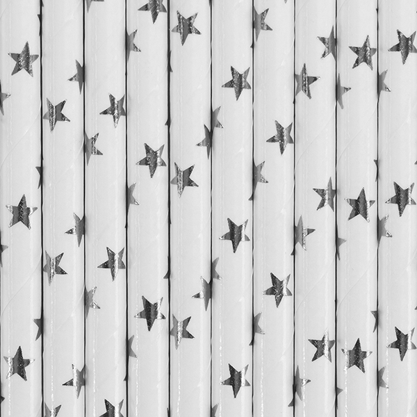 Papier Strohalme Paper Straws, silber Sterne, 19,5cm, 10 Stück 