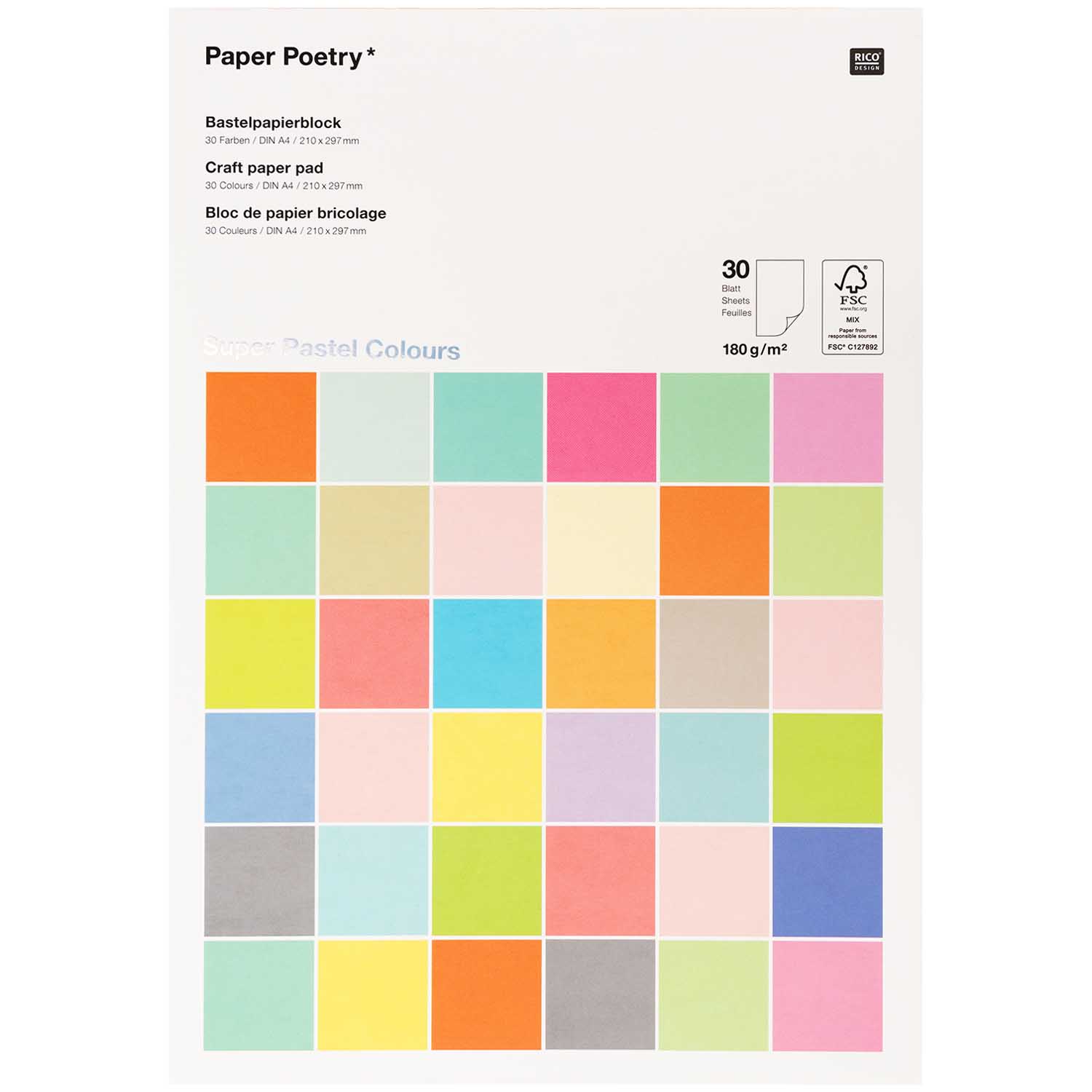 Bastelblock 180g Super Pastel Colours FSC MIX 30 Blatt DIN A4 210x297mm