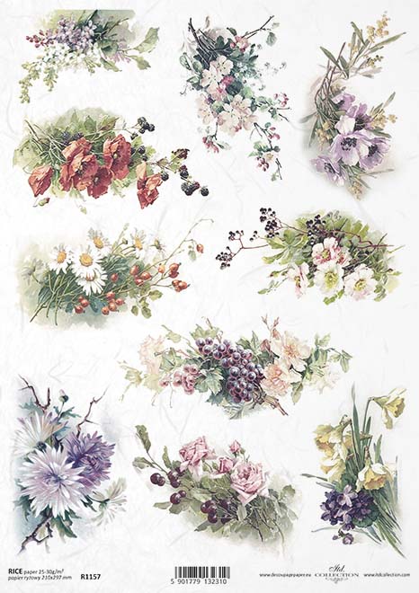 Reispapier Blumen und Beeren A4 210x297mm 20-30g/m² 1 Bogen