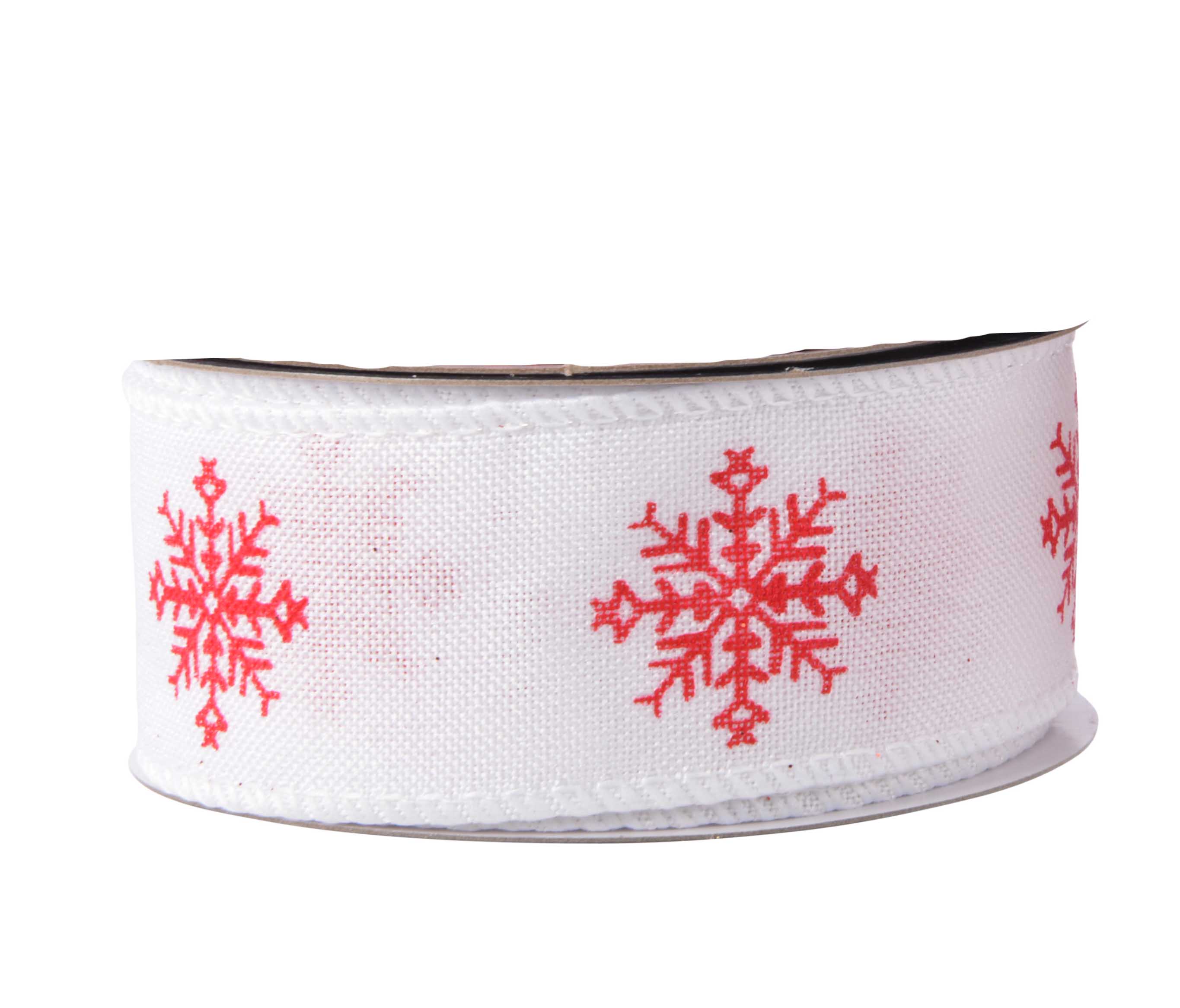 Stoffband weiß Schneeflocken rot mit Drahtkante 4x300cm 