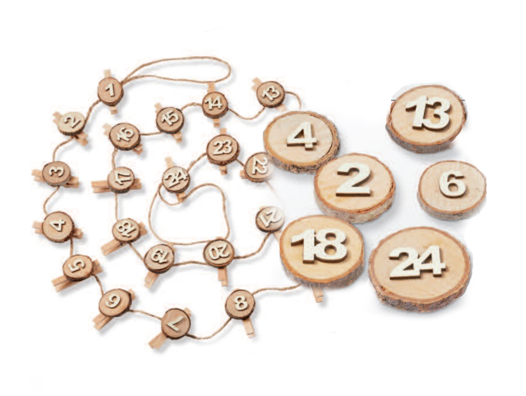 Adventszahlen Holzscheibe mit Holzklammer Adventskalender DIY